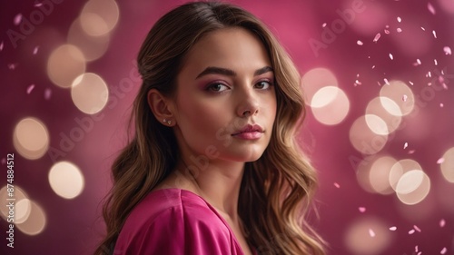 A graceful woman in a pink dress, with soft makeup and wavy hair, posed against a beautiful bokeh background of pink and gold lights, exuding elegance and charm. 