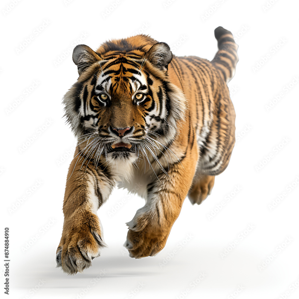 Obraz premium A tiger running on a white background.