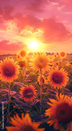 sunflowers in a field at sunset