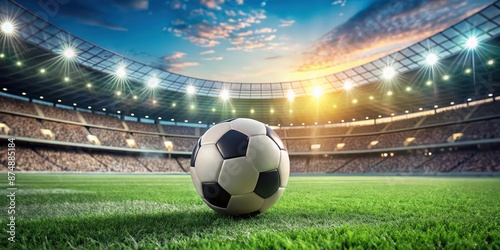 Soccer ball on green field with blurred stadium in the background , Sports, Soccer, Football, Ball, Game, Field, Grass, Arena