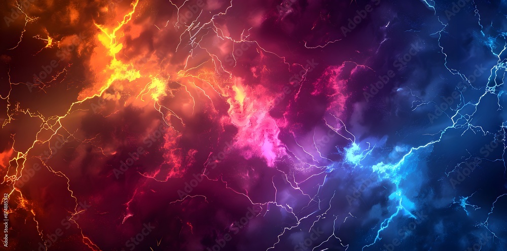 Fototapeta premium Abstract background with colorful lightning and thunder, vibrant storm in red blue yellow orange colors