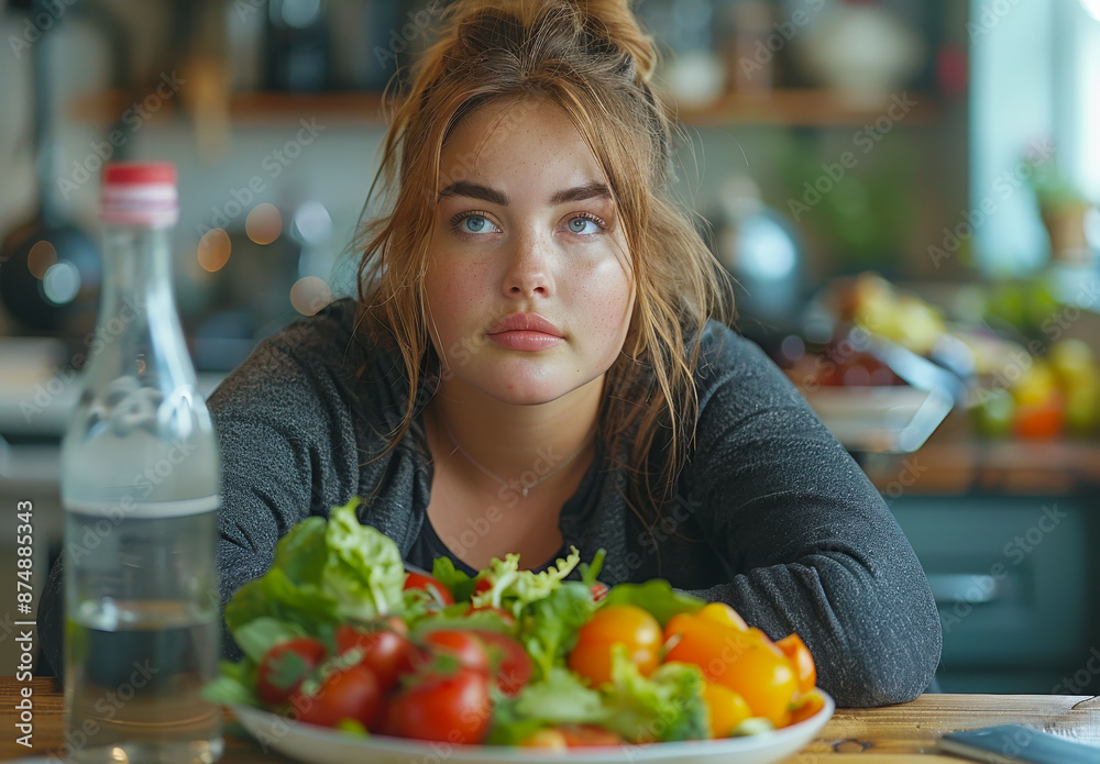 Woman Looking at Salad in Kitchen. A woman with long brown hair sits at a kitchen table Woman Looking at Salad in Kitchen. A woman with long brown hair sits at a kitchen table