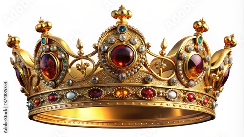 Majestic, ornate, gold king's crown sits elegantly, centered, on transparent background, adorned with intricate designs, jewels, and luxurious regal details alone. photo