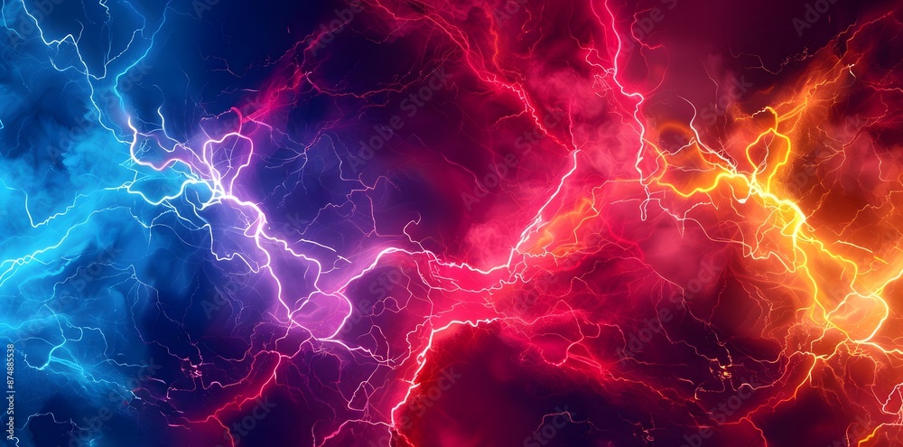 Abstract background with colorful lightning and thunder, vibrant storm in red blue yellow orange colors Abstract background with colorful lightning and thunder, vibrant storm in red blue yellow orange colors