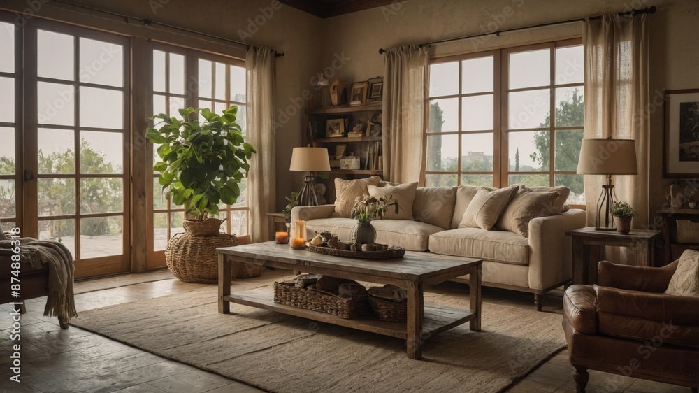 A bright rustic living room featuring large windows, a comfortable beige sofa, wooden furniture, indoor plants, and warm lighting, creating an inviting atmosphere.
