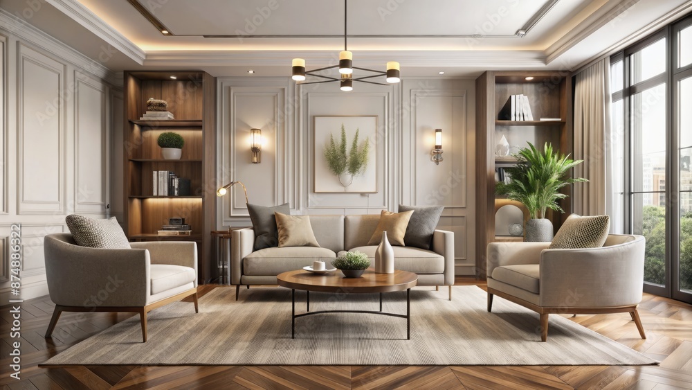 Elegant minimalist living room interior design features symmetrical armchairs, sleek coffee table, and subtle decorative elements in 3D rendering. Elegant minimalist living room interior design features symmetrical armchairs, sleek coffee table, and subtle decorative elements in 3D rendering.