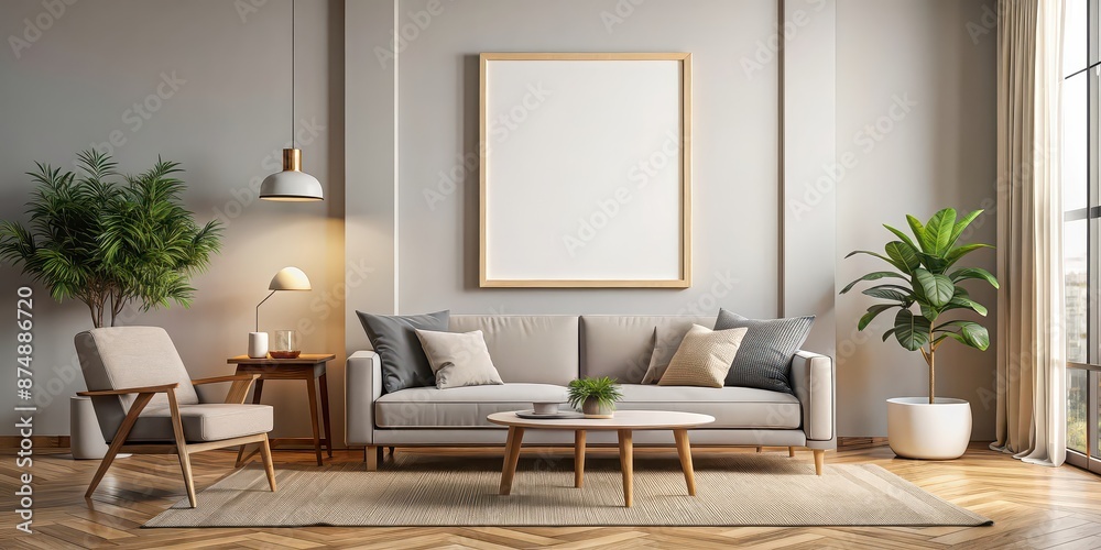 Fototapeta premium Modern poster frame mockup in a contemporary living room setting , interior design, modern, mockup