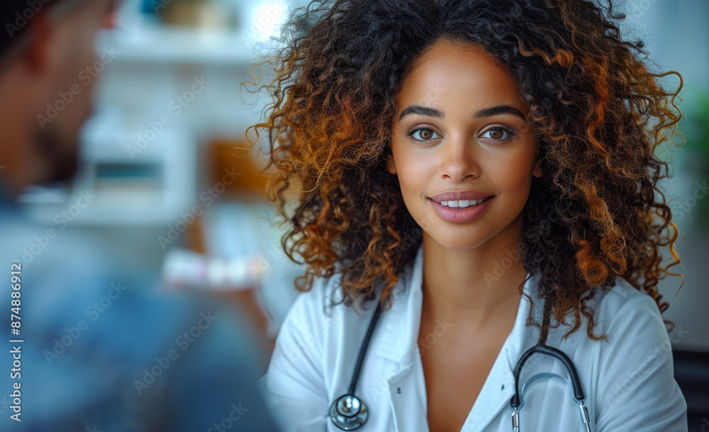 Female Doctor Talking To Patient. A female doctor with curly hair smiles at a patient while wearing a white coat and a stethoscope. Female Doctor Talking To Patient. A female doctor with curly hair smiles at a patient while wearing a white coat and a stethoscope.