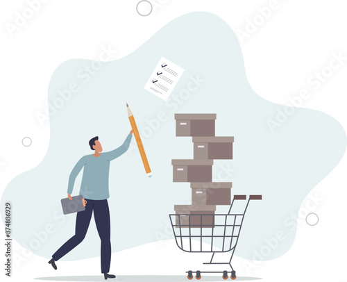 Procurement and asset management, manage or purchasing company equipments, goods and service, audit and checking price and depreciation.flat design.illustration with people.