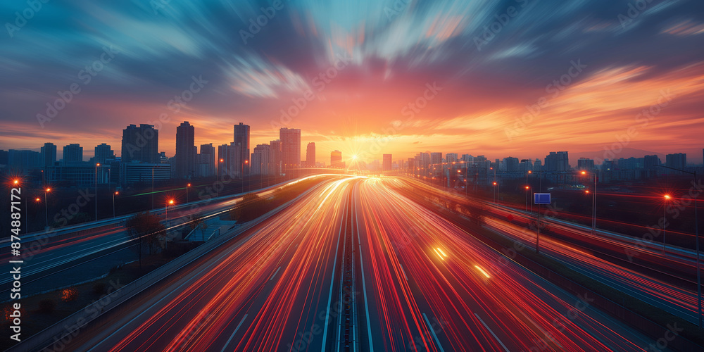 Speeding lights on highway with city skyline at sunset. Concept of urban life, transportation, and fast-paced city Speeding lights on highway with city skyline at sunset. Concept of urban life, transportation, and fast-paced city