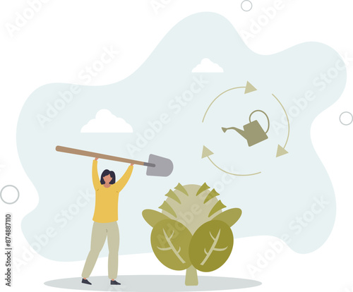Ecological and nature friendly garden cultivation with recycle or compost soil method .flat design.illustration with people.