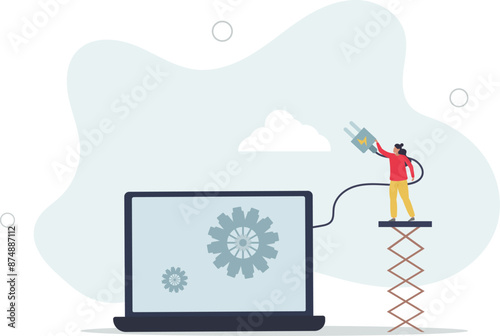 Connect to cloud computing, technology to share secured file and communicate with team while working remotely, upload and download files concept.flat design.illustration with people.