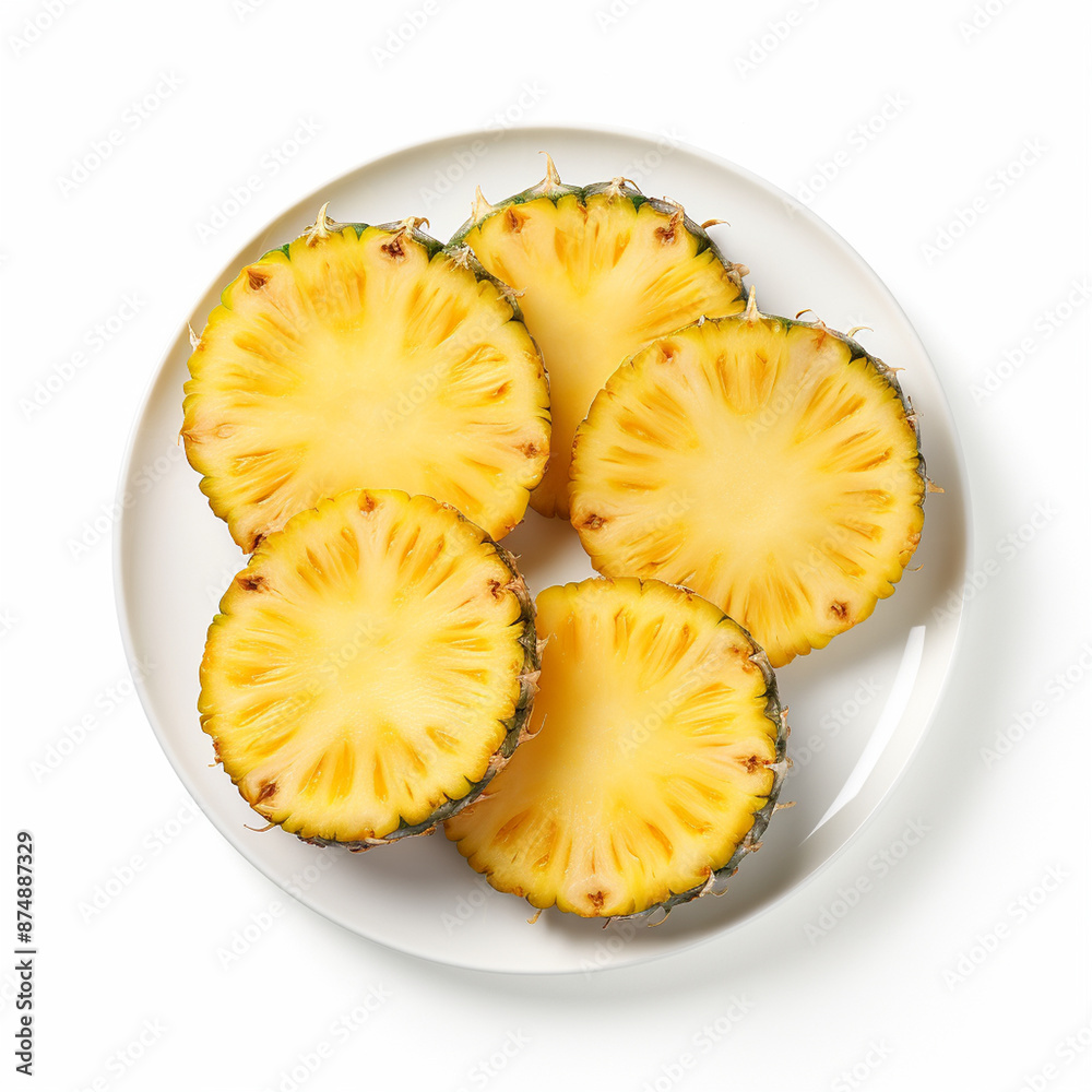 Pineapple slices on white plate. Isolated, square frame, white background Pineapple slices on white plate. Isolated, square frame, white background