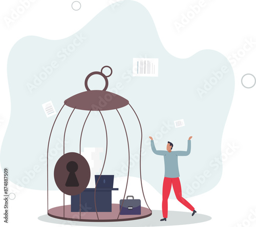 Break free, quit exhausted day job to start new business, escape for freedom, resign from toxic workplace or retirement concept.flat design.illustration with people.