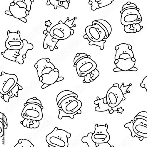 Cute cartoon puppy characters. Seamless pattern. Coloring Page. Adorable dog with different emotions. Hand drawn style. Vector drawing. Design ornaments.