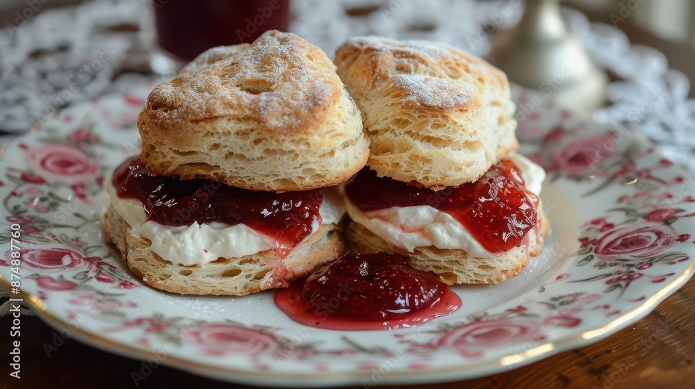 Heartshaped scones with strawberry jam and clotted cream, valentine dessert, British charm Heartshaped scones with strawberry jam and clotted cream, valentine dessert, British charm