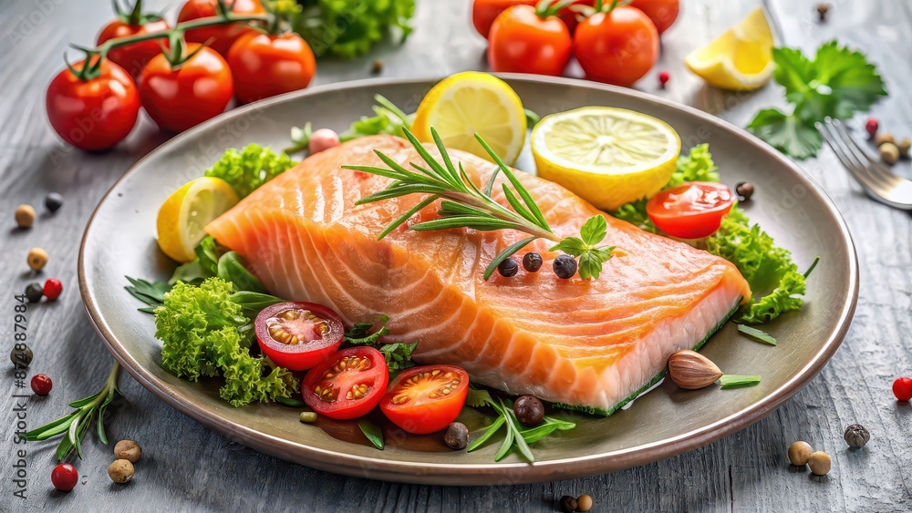 Salmon fillet plated with lemon, herbs, and vegetables , seafood, healthy eating, gourmet, fine dining, restaurant, culinary Salmon fillet plated with lemon, herbs, and vegetables , seafood, healthy eating, gourmet, fine dining, restaurant, culinary