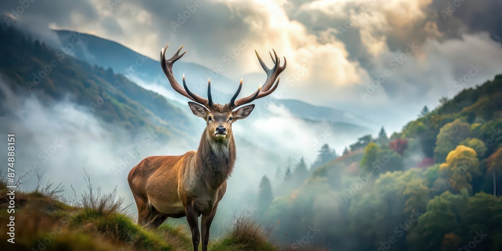 Fototapeta premium Regal stag with antlers overlooking misty glen, stag, monarch, regal, mist, glen, nature, wildlife, majestic, forest, countryside