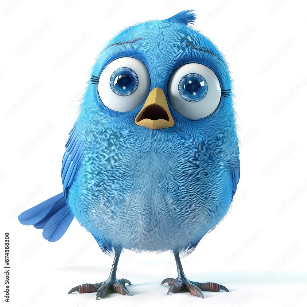 A Cartoon Blue Bird Isolated On A White Background, 3D Illustration, Vibrant And Smooth Textures, Cheerful And Dynamic Pose