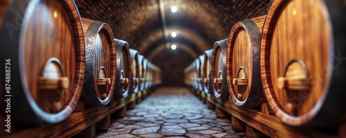 The image depicts a long aisle richly lined with wooden barrels in an underground cellar, highlighting the traditional art of aging spirits in a meticulously controlled environment. photo