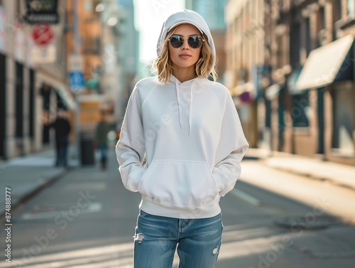 Trendy Woman in White Hoodie and Cap Walking Down Urban Street photo