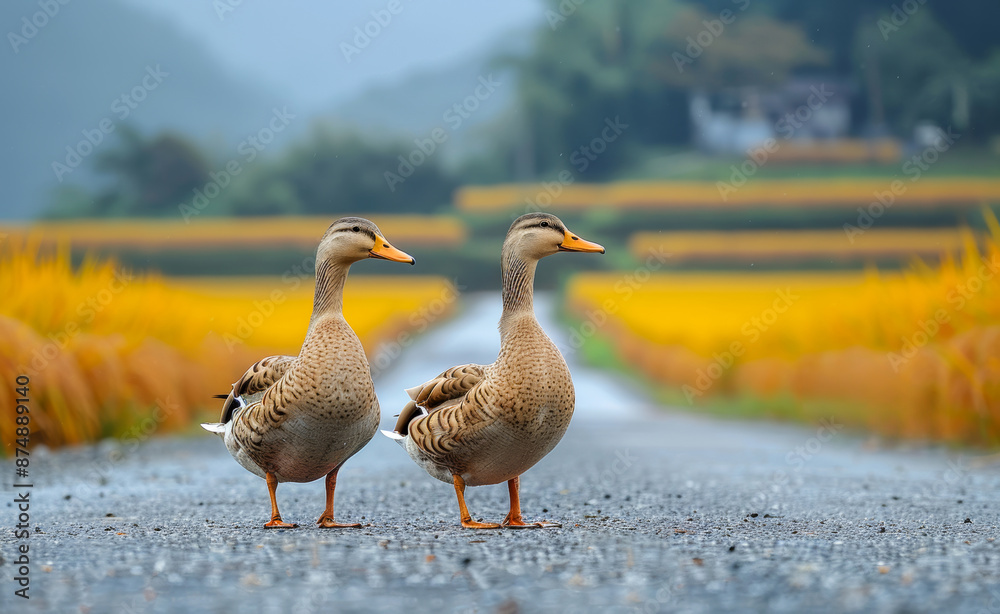 Two Ducks on a Rural Road. Two ducks stand facing opposite directions on a paved road in a rural area Two Ducks on a Rural Road. Two ducks stand facing opposite directions on a paved road in a rural area