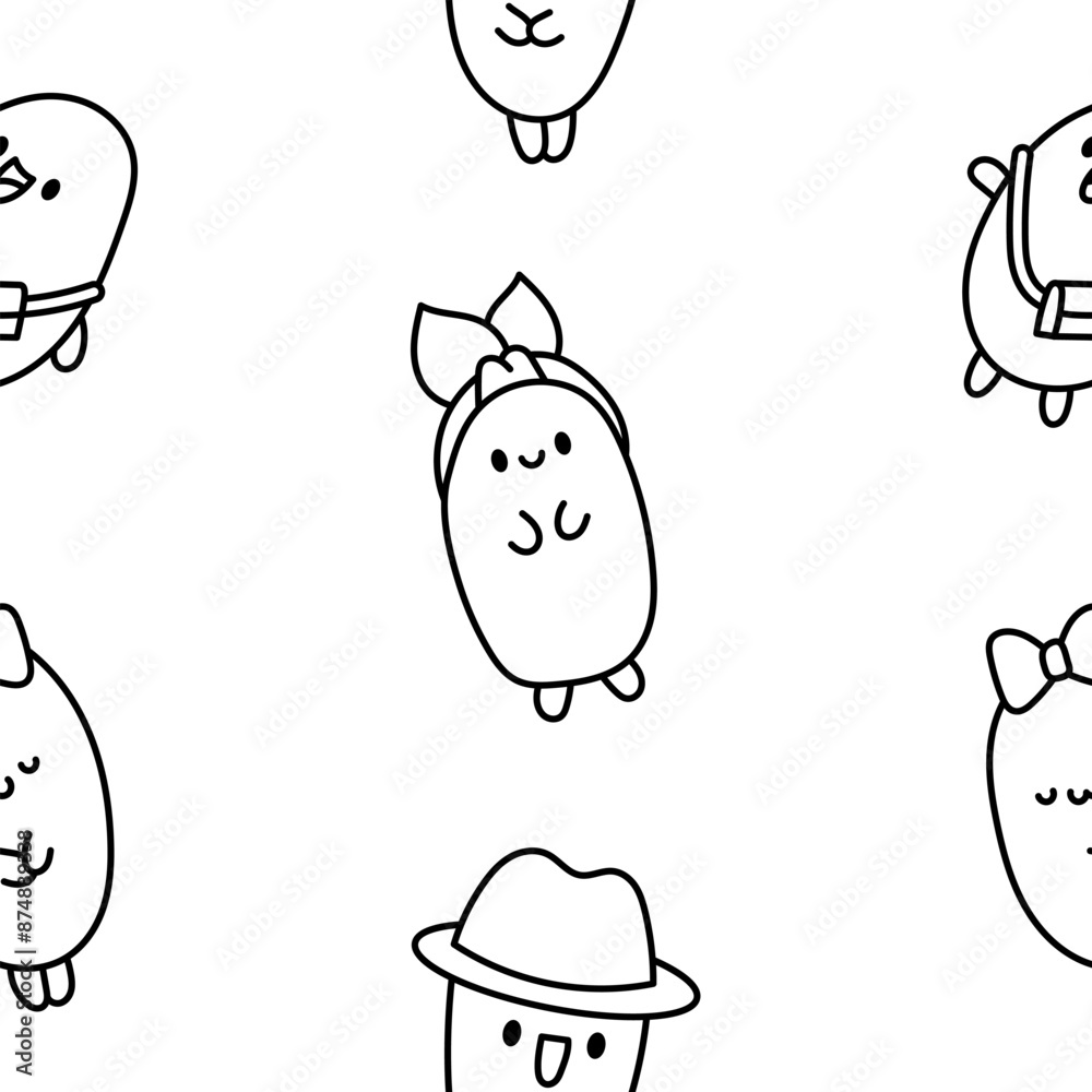 Funny bread characters. Seamless pattern. Coloring Page. Cute tasty bakery pastries, cartoon happy bagets faces. Hand drawn style. Vector drawing. Design ornaments.