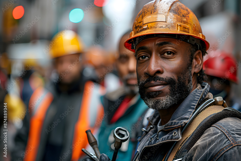 Worker wearing helmet on the construction site in a World Labor Day. Worker wearing helmet on the construction site in a World Labor Day.