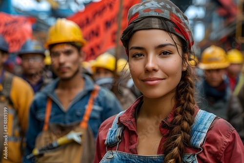 Worker wearing helmet on the construction site in a World Labor Day.