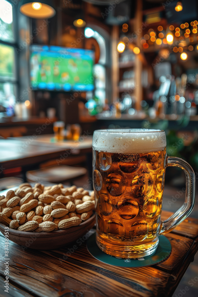 Beer Mug and Peanuts in Pub with Soccer on TV Beer Mug and Peanuts in Pub with Soccer on TV