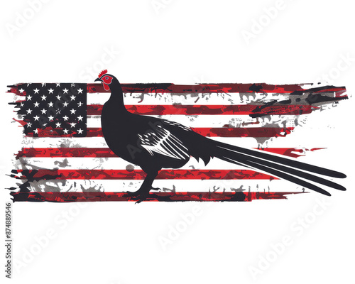 Artistic depiction of a pheasant bird on a distressed American flag background, combining wildlife with patriotic elements in a unique design. photo