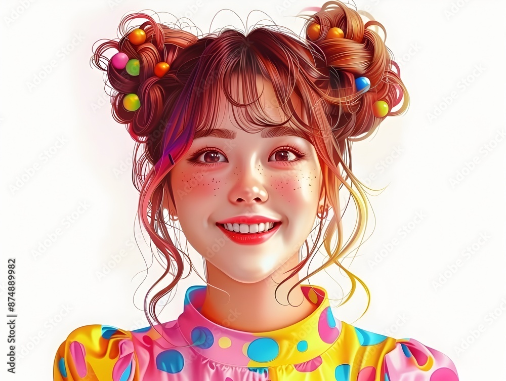 Playful Pop Art Girl in Polka Dot Jumpsuit Radiates Joy in Hyper Digital Portrait Playful Pop Art Girl in Polka Dot Jumpsuit Radiates Joy in Hyper Digital Portrait