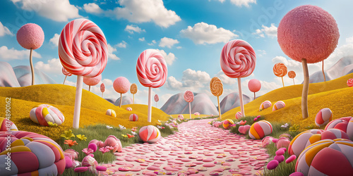 Whimsical candy land with lollipops and sweets in vibrant landscape. Concept of fantasy, imagination, and childhood dreams