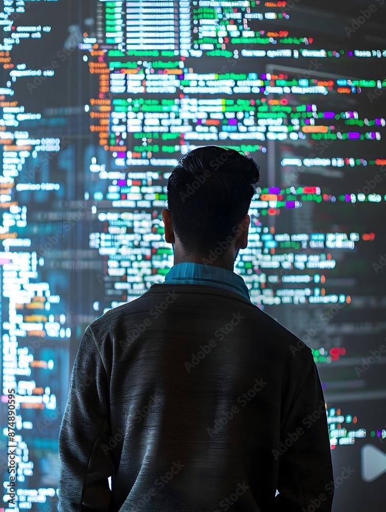 Programmer Standing Before Screen Displaying Intricate Programming Code Symbolizing Technological Programmer Standing Before Screen Displaying Intricate Programming Code Symbolizing Technological