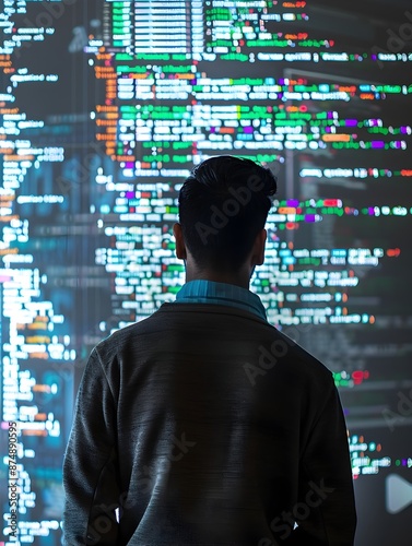 Programmer Standing Before Screen Displaying Intricate Programming Code Symbolizing Technological