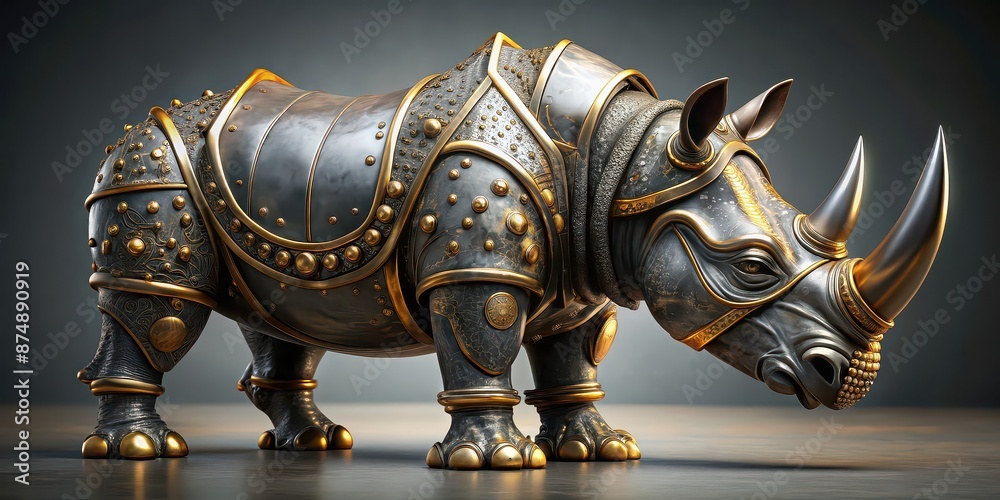 Naklejka premium Rhinoceros sculpture made of metal and gold, rhinoceros, sculpture, metal, gold, artwork, decor, animal, exotic, unique