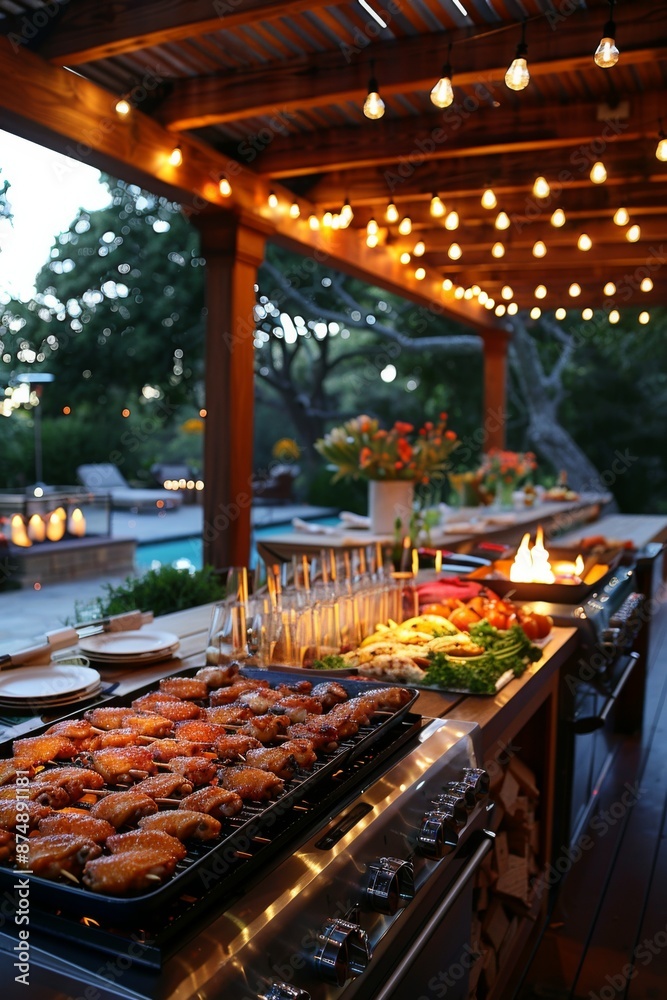 Evening Grilling: A cozy evening setting with chicken wings grilling, warm lighting, and a backdrop of a softly lit backyard or patio. Evening Grilling: A cozy evening setting with chicken wings grilling, warm lighting, and a backdrop of a softly lit backyard or patio.