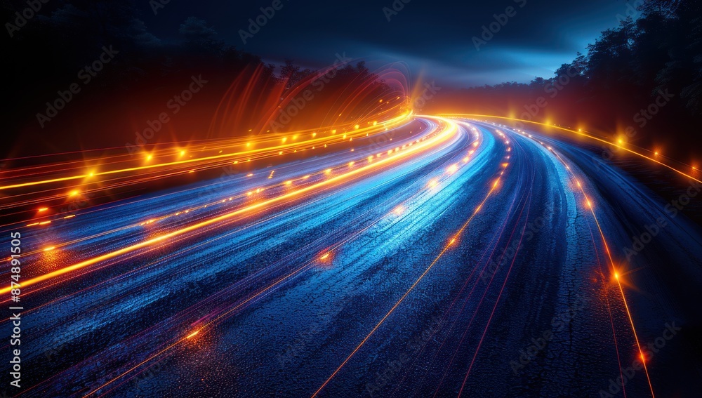 Nighttime Highway with Light Trails Nighttime Highway with Light Trails