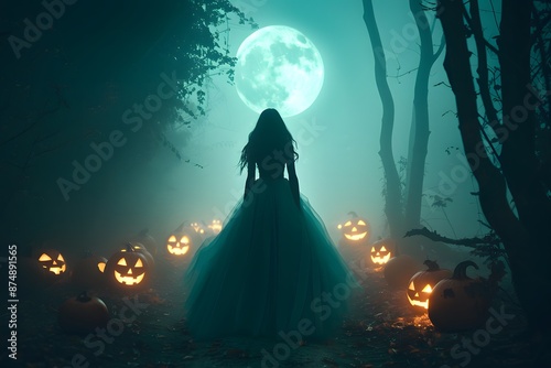 Mystical silhouette of woman in flowing dress with glowing jack-o-lanterns under full moon