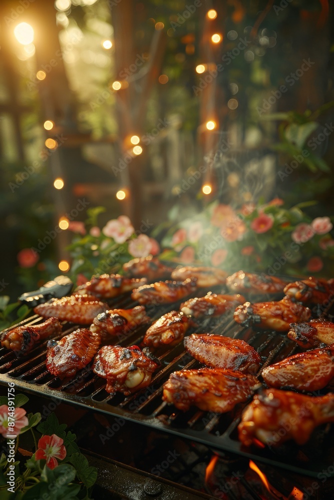 Evening Grilling: A cozy evening setting with chicken wings grilling, warm lighting, and a backdrop of a softly lit backyard or patio. Evening Grilling: A cozy evening setting with chicken wings grilling, warm lighting, and a backdrop of a softly lit backyard or patio.