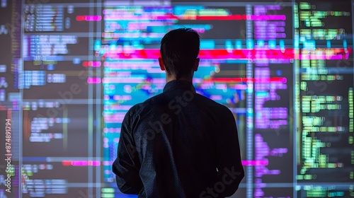 Programmer Standing Before Screen with Projected Code Presentation Showcasing of Technology and Human Expertise