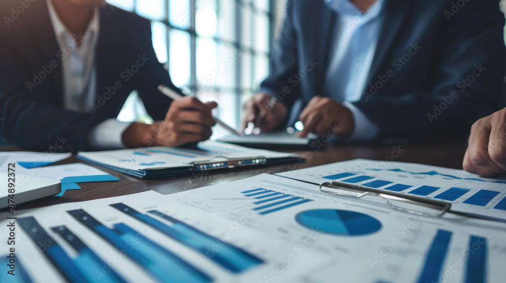 Business Meeting with Financial Charts and Graphs on Table in Modern Office Setting Business Meeting with Financial Charts and Graphs on Table in Modern Office Setting