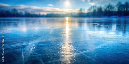 Smooth ice surface reflecting light, icy, winter, cold, frozen, slippery, shiny,frosty, snowy, crisp, clean,reflection © Sujid