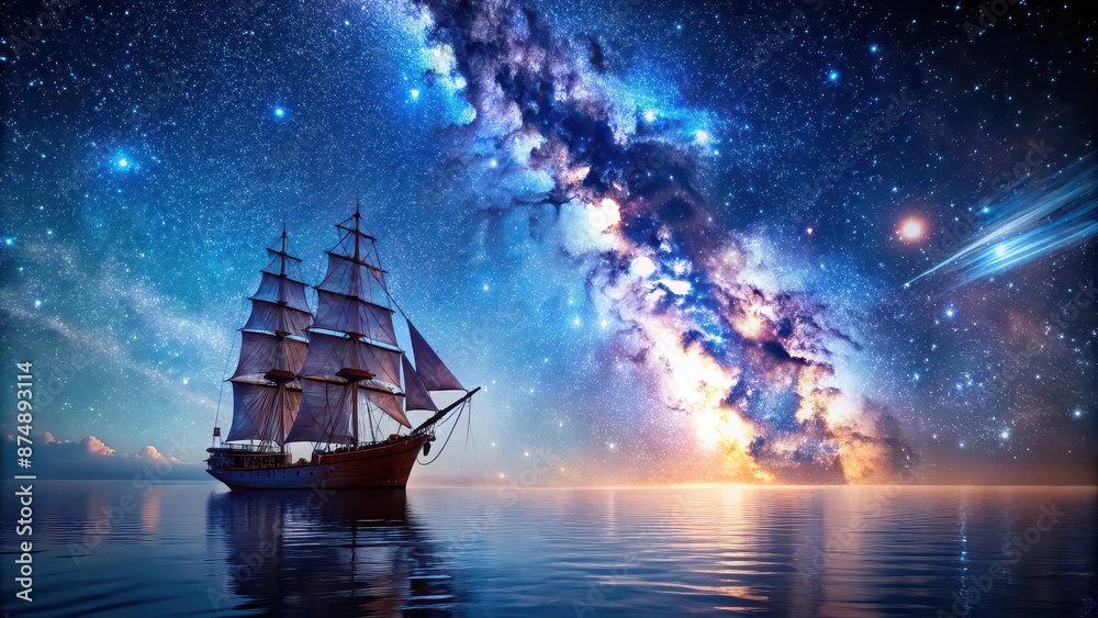 Fototapeta premium Ship sailing under the starry night sky, ship, night, ocean, water, stars, moon, tranquil, peaceful, voyage, journey, darkness