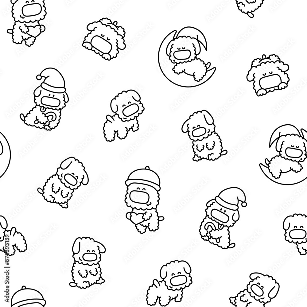 Cute kawaii dog toy poodle. Seamless pattern. Coloring Page. Cartoon funny puppy character. Hand drawn style. Vector drawing. Design ornaments. Cute kawaii dog toy poodle. Seamless pattern. Coloring Page. Cartoon funny puppy character. Hand drawn style. Vector drawing. Design ornaments.