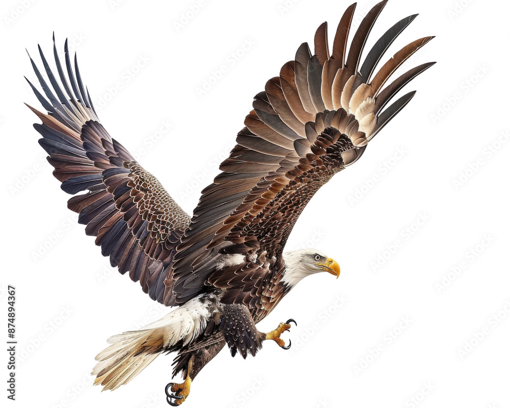 Fototapeta premium Majestic bald eagle in flight with wings fully spread, showcasing impressive wingspan and detailed feathers in natural light.
