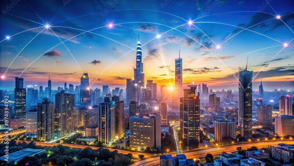 custom made wallpaper toronto digitalPanoramic cityscape at twilight with futuristic 5G and 6G networks, cityscape, panoramic, skyline, architecture, buildings