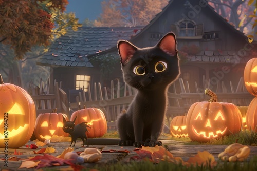 Black kitten with large eyes sits among glowing jack-o'-lanterns in a festive autumn setting photo