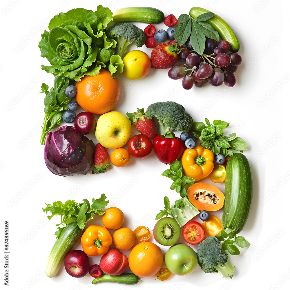 The number 5 made of fruits and vegetables The number 5 made of fruits and vegetables