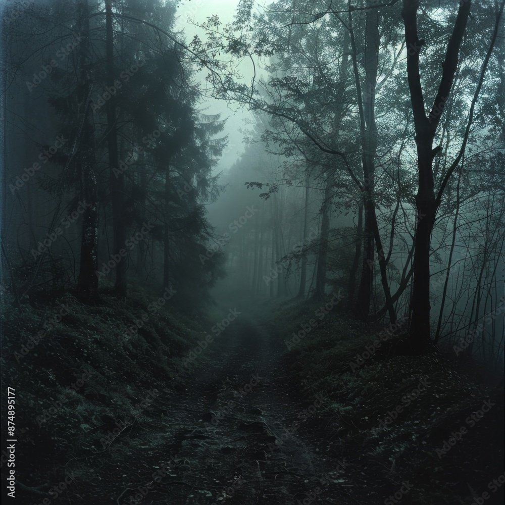 Fototapeta premium Dark, misty forest, full of spooky atmosphere, Halloween, night forest horror atmosphere, nature, outdoors, perfect for gothic and mysterious environments. , HD wallpapers, , backgrounds, generated by